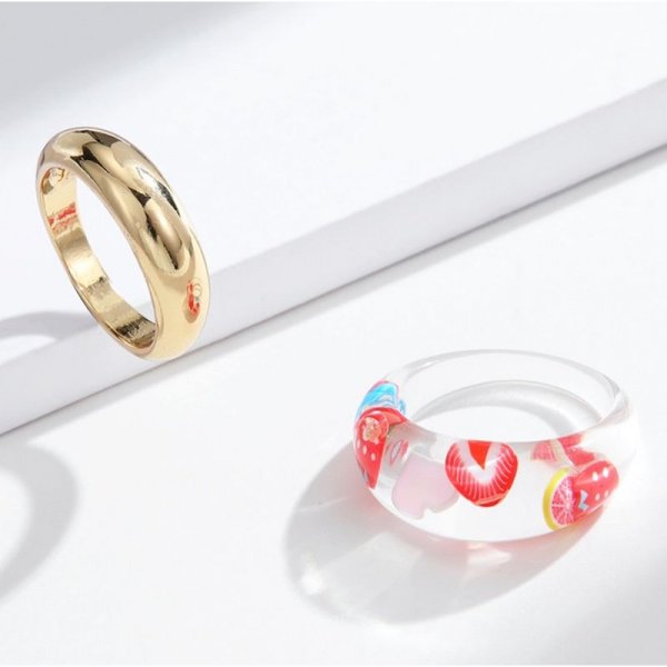 Fruit Acrylic With Metal Stackable Band Ring Set